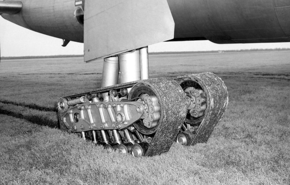 B-36 Peacemaker with experimental tracked landing gear to reduce ground pressure for soft-field use, c.1949 (7).jpg